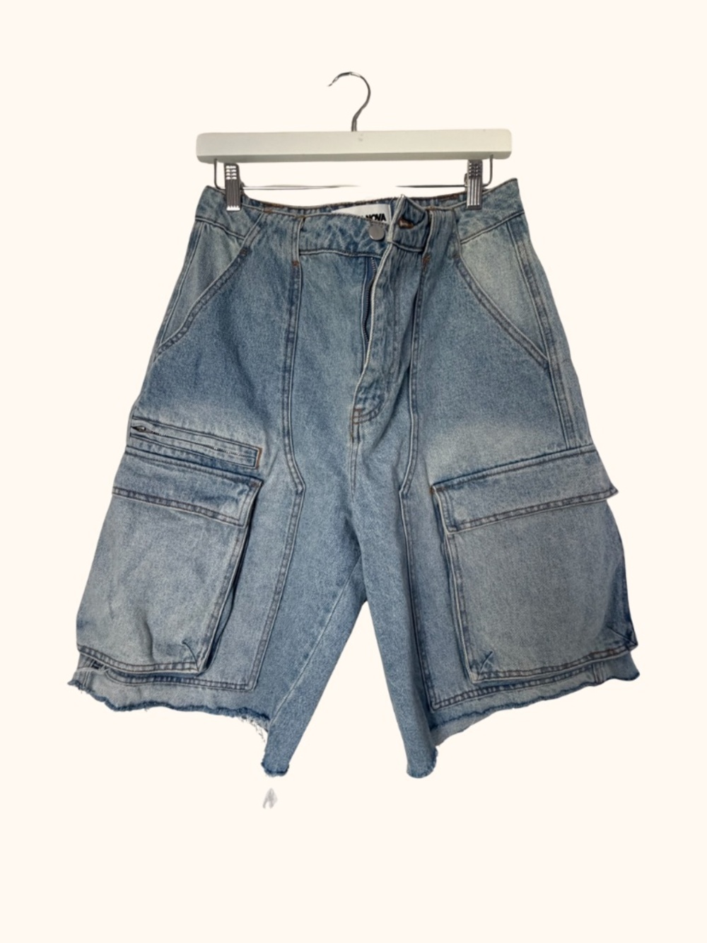 Fashion Nova Light Blue Cargo Denim Shorts with Contrast Stitching